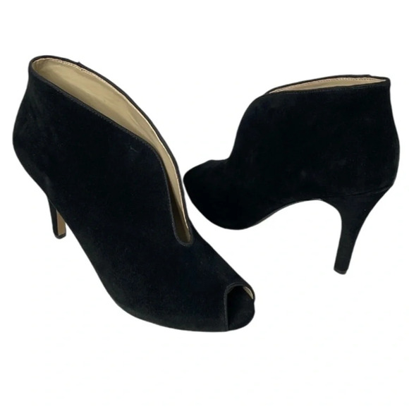 Adrienne Vittadini Peep Toe Split Vamp Heel Booties Black Fine Suede Leather 10 - Picture 2 of 11